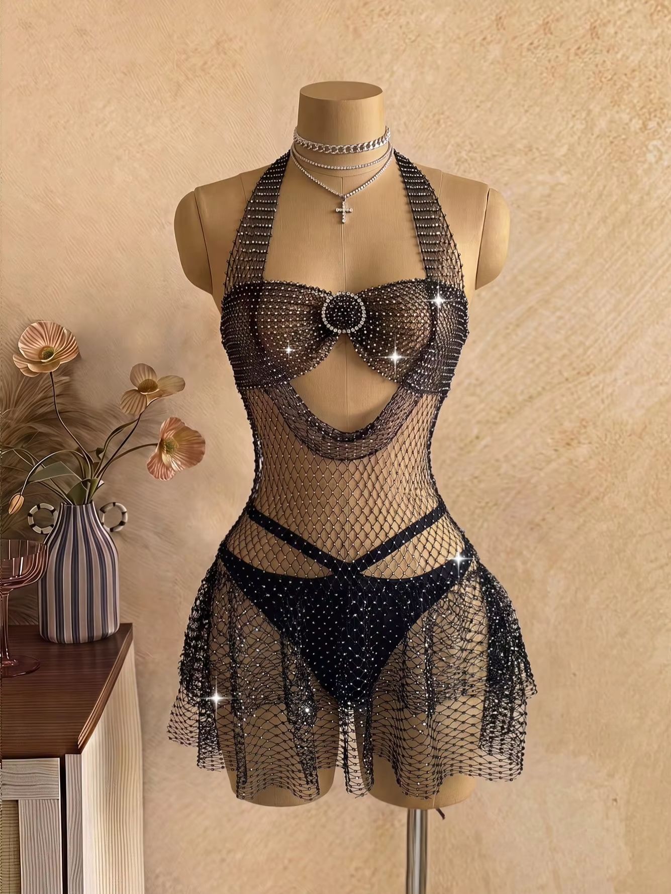 Black Rhinestone Mesh Halter D - Sparkly Rhinestone Club Party Dress 评论和价格