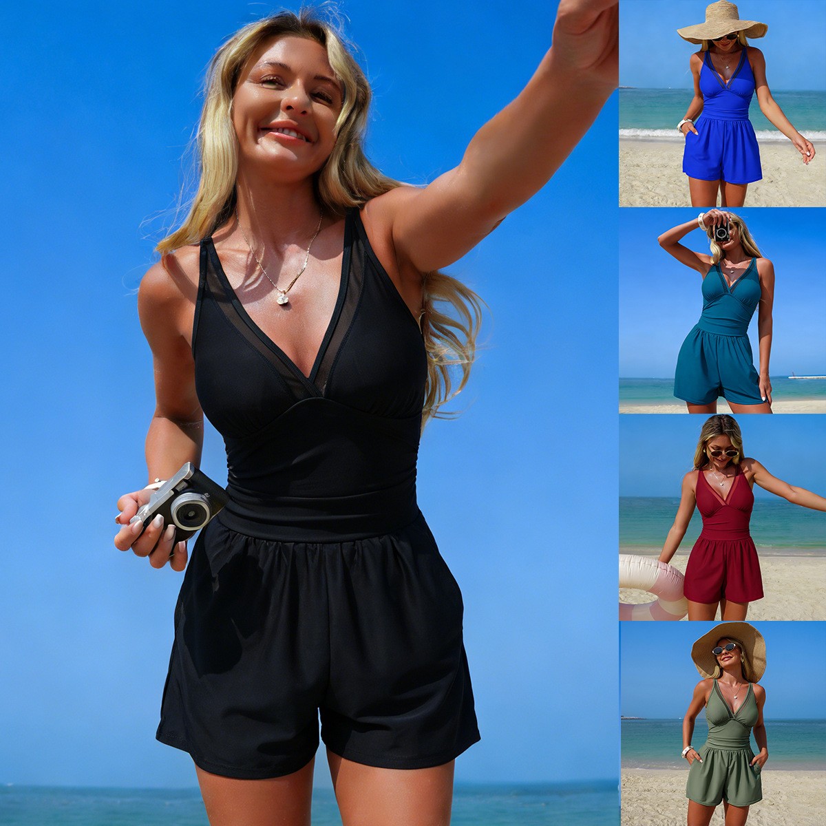 Black Solid Color Sleeveless V - Swimwear 评论和价格