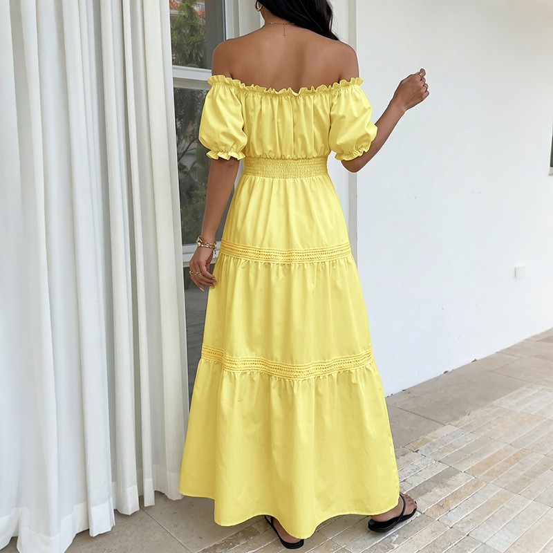 Summer Bohemian Women Yellow O - Off Shoulder Puff Sleeve Sundress 评论和价格