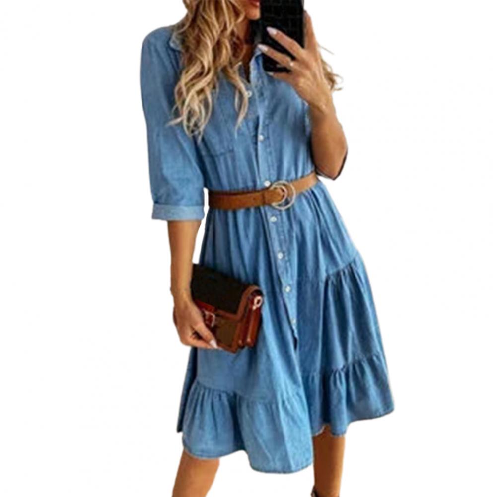 Denim Dress Three Quarter Slee - French Vintage Floral Midi Dress 评论和价格